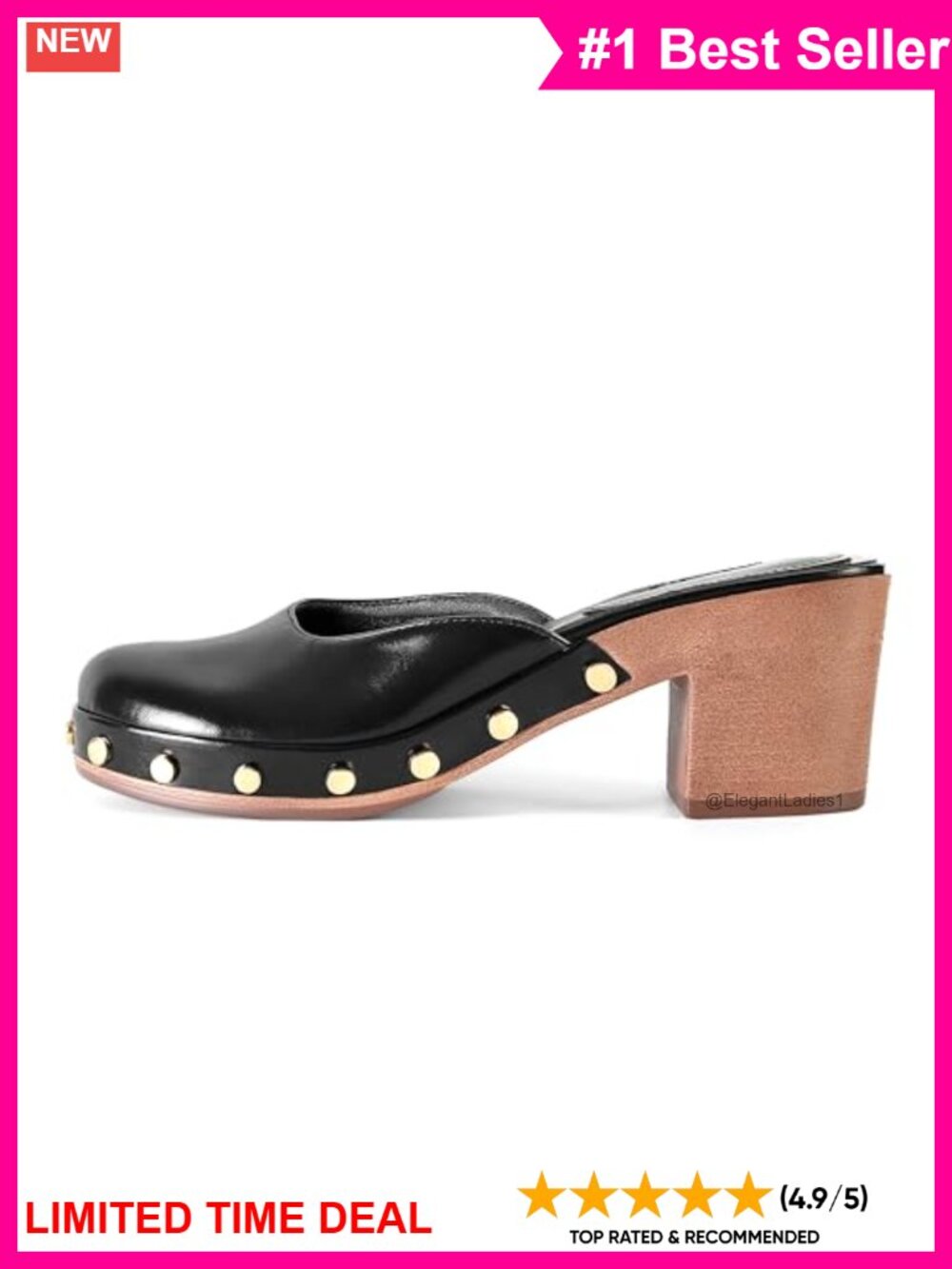 DOEYG Platform Chunky Clogs Faux Leather Slip On Mule Metal Stud Block Heel